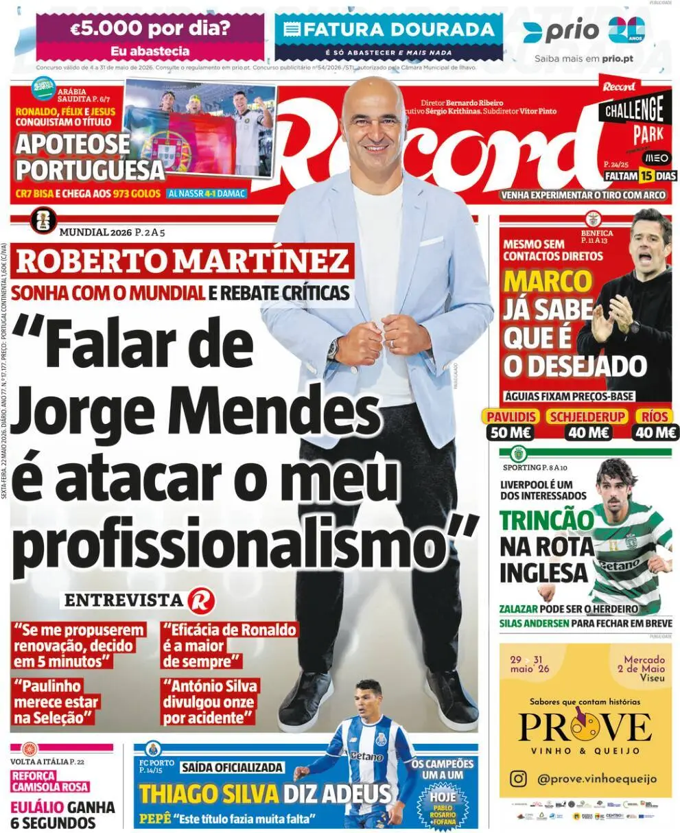 Capa do Jornal “Record” – 22/05/2026